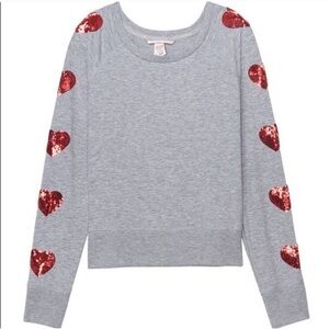 Victorias Secret Gray Long Sleeve Pullover Sweatshirt Top Red Sequin Hearts NWOT